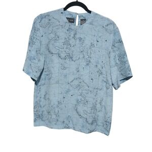 August Silk Womens Blue World Map Print 100% Silk Short Sleeve Blouse Small